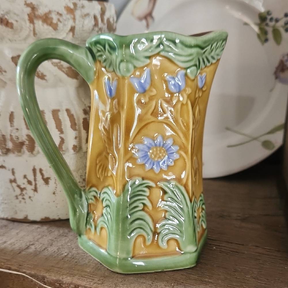 Andrea By Sadek Green and Gold Floral Ceramic Pitcher